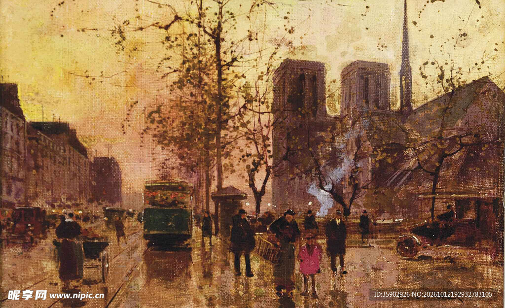 黄昏街景印象油画