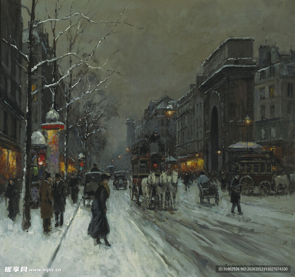雪夜复古街景油画