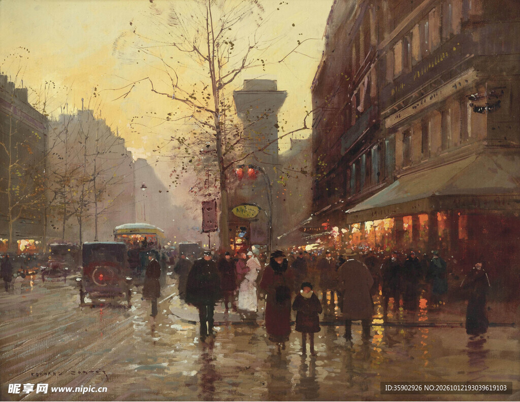 雨后黄昏街景油画