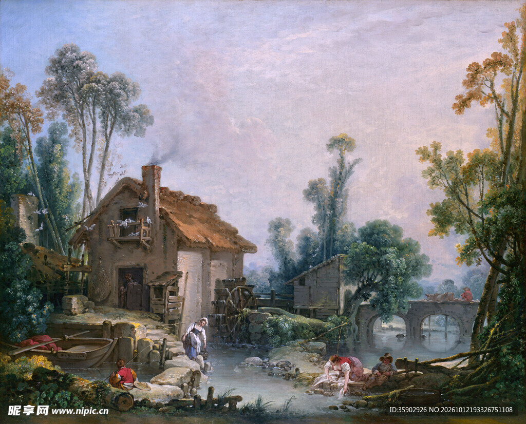 河畔乡村小屋风景油画