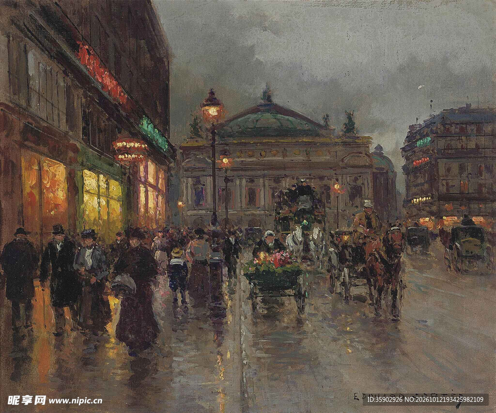 雨夜巴黎街景油画