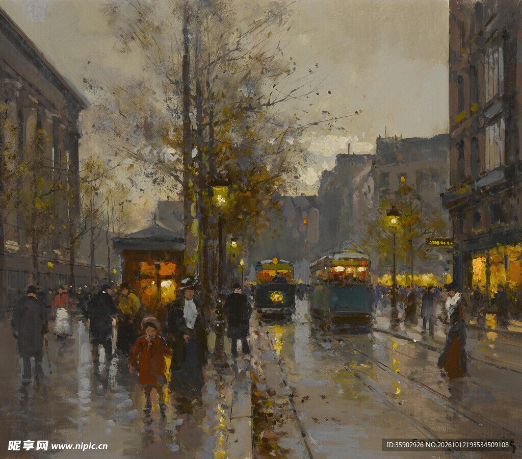 雨后黄昏复古街景油画
