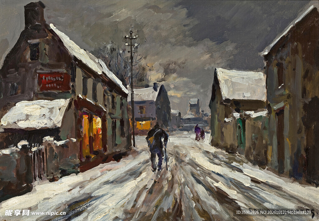 冬日雪中小镇街景油画