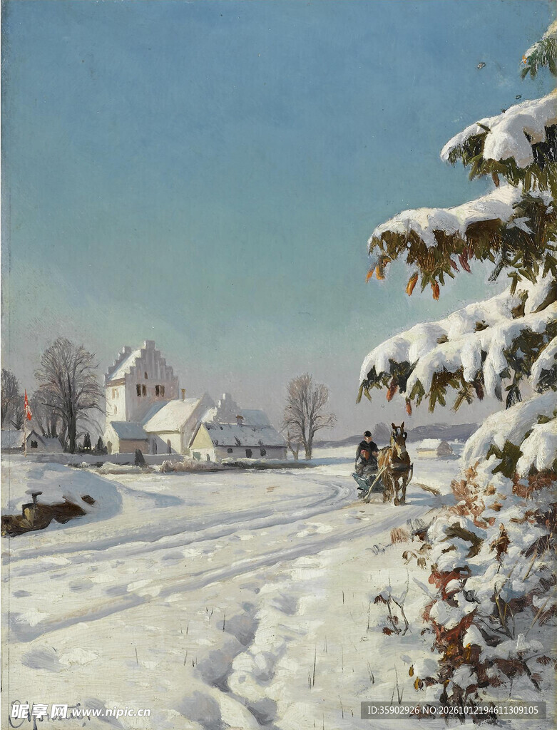 冬日乡村雪景油画