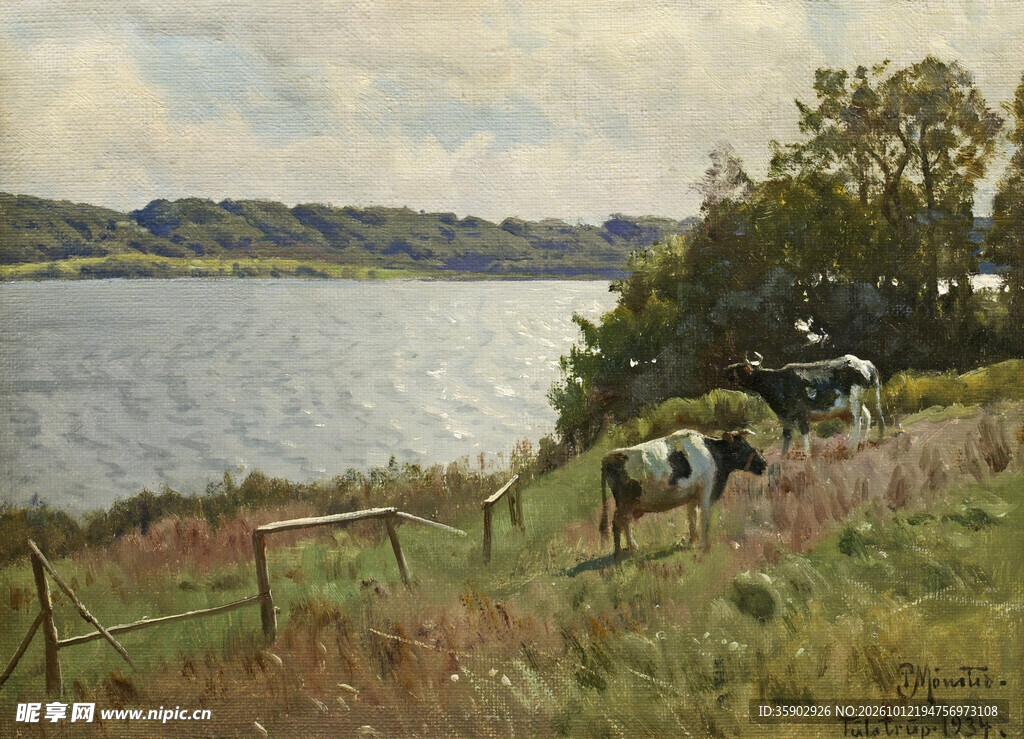 湖畔牧牛风景油画