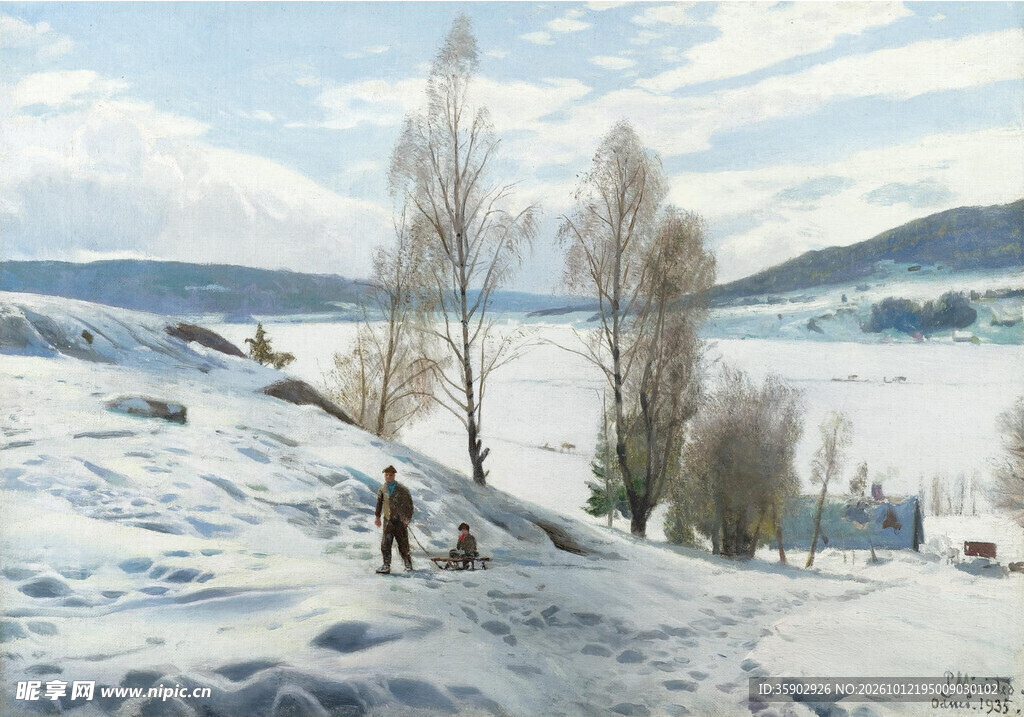 冬日郊野雪景油画