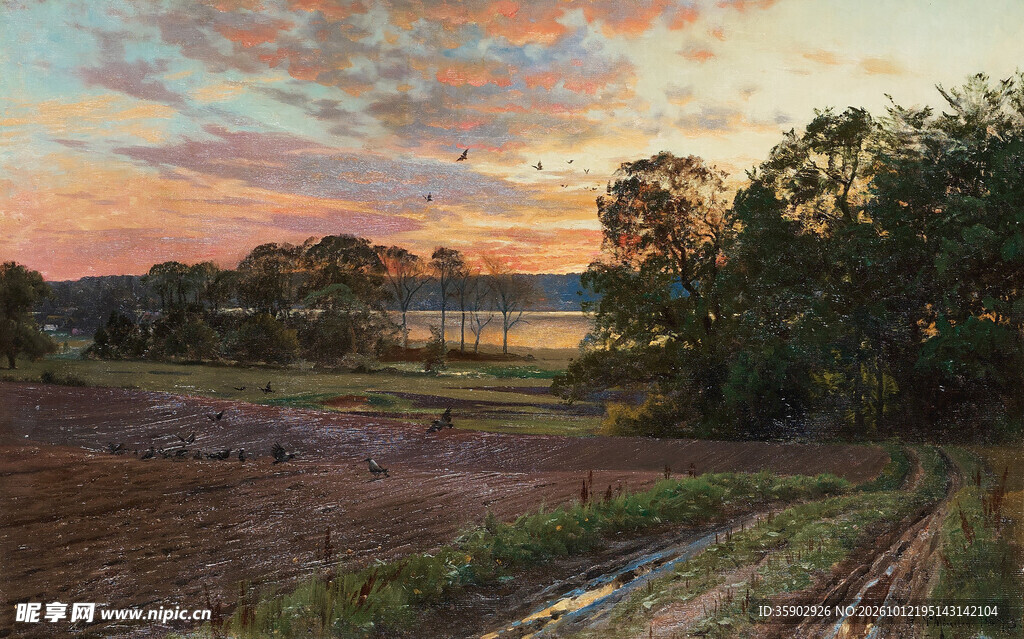 乡野黄昏风景油画