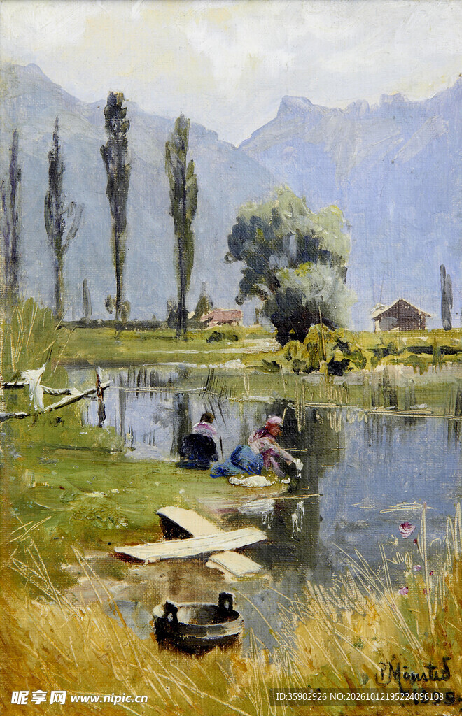 河畔乡村风情油画