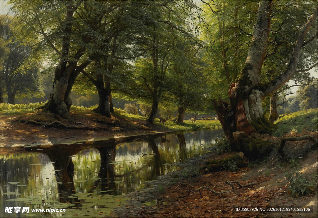 林间水畔风景油画