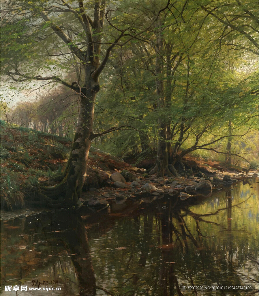 林间水畔风景油画