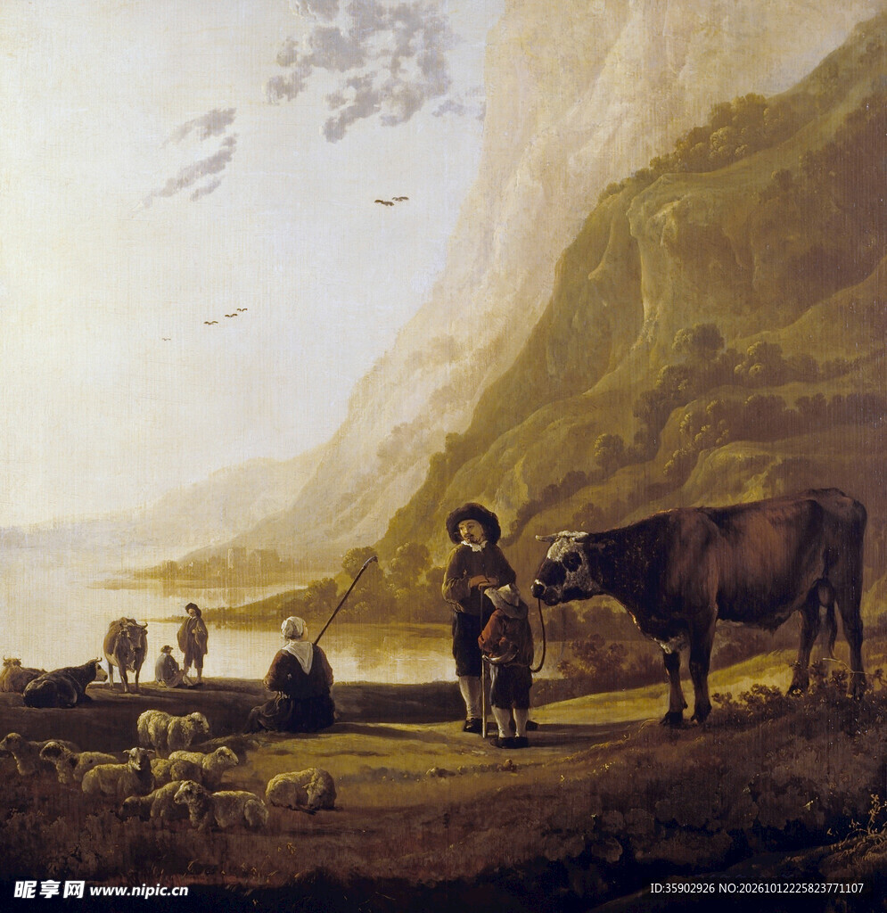 乡野牧牛古典风景油画