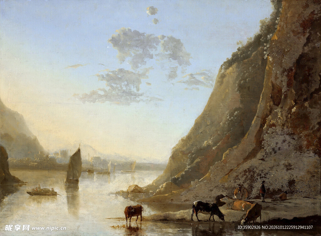 河畔牧牛风景油画