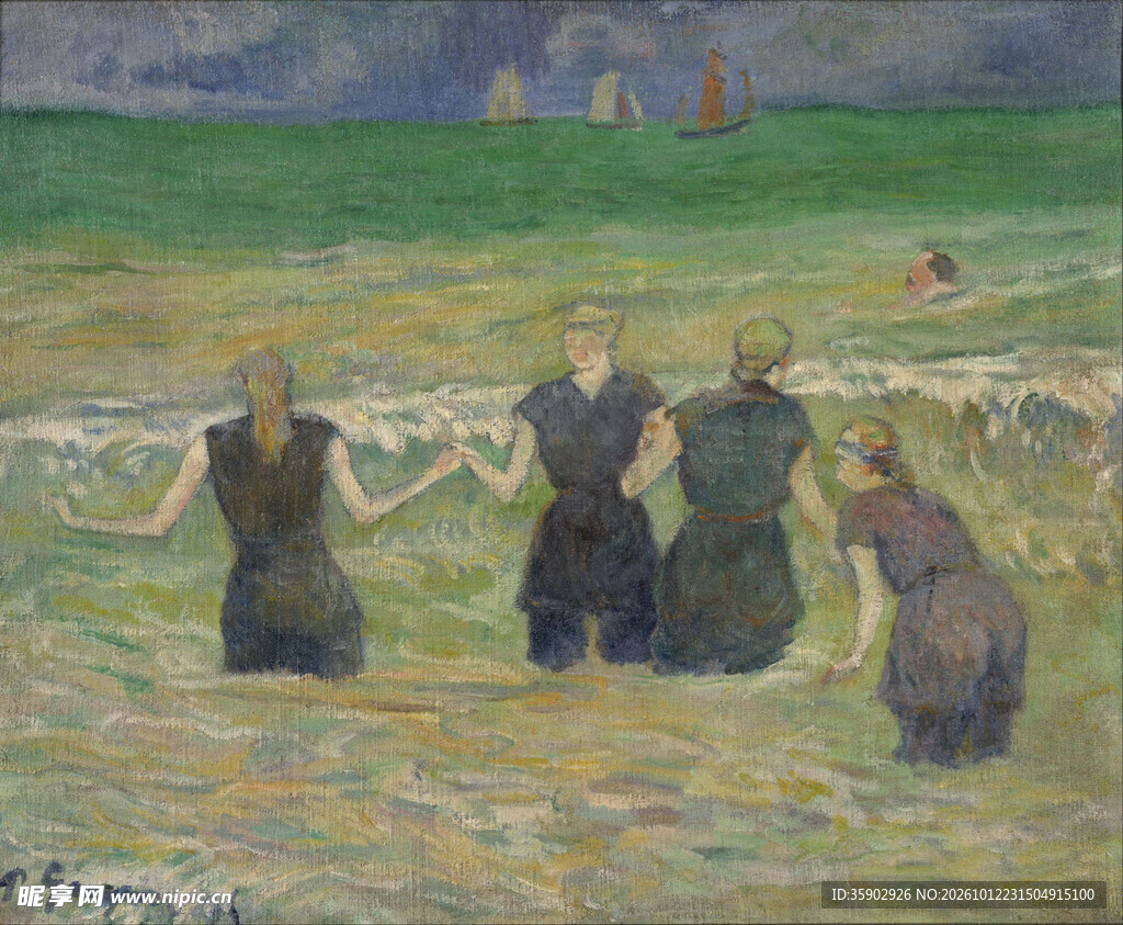 海滨戏水人物油画