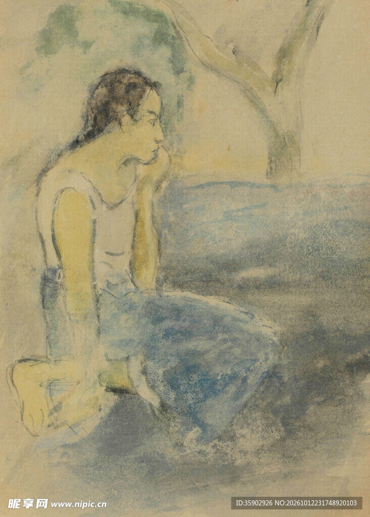 临水沉思女子水彩画