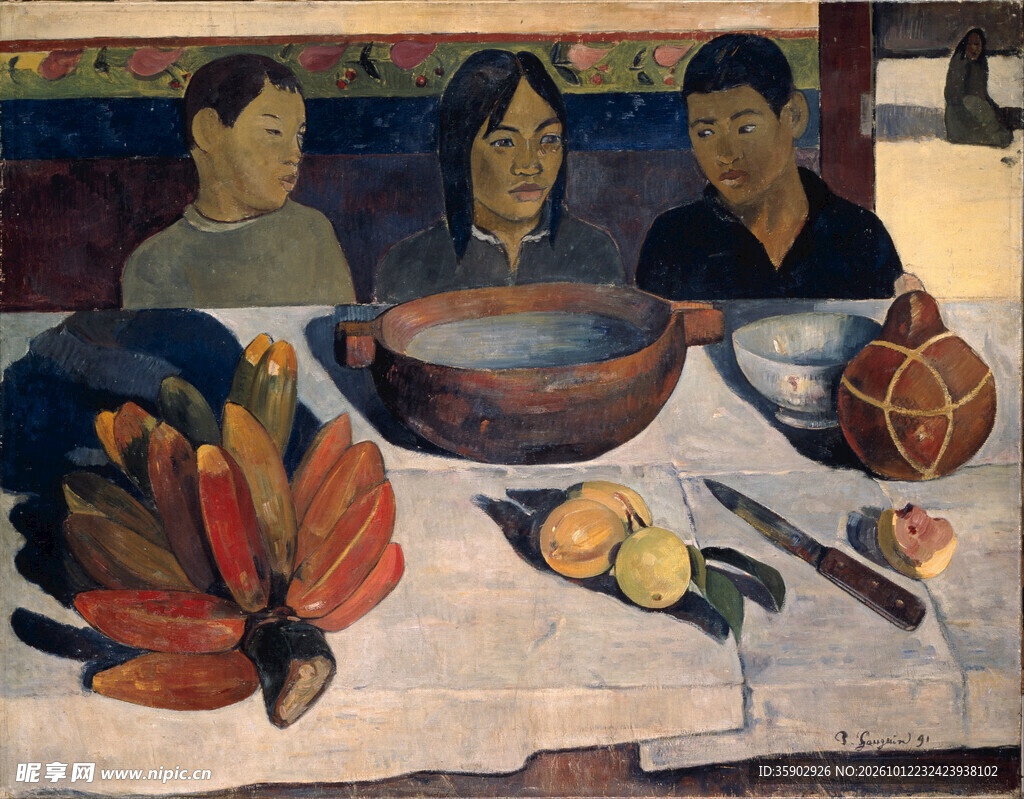 餐桌旁三人静物油画