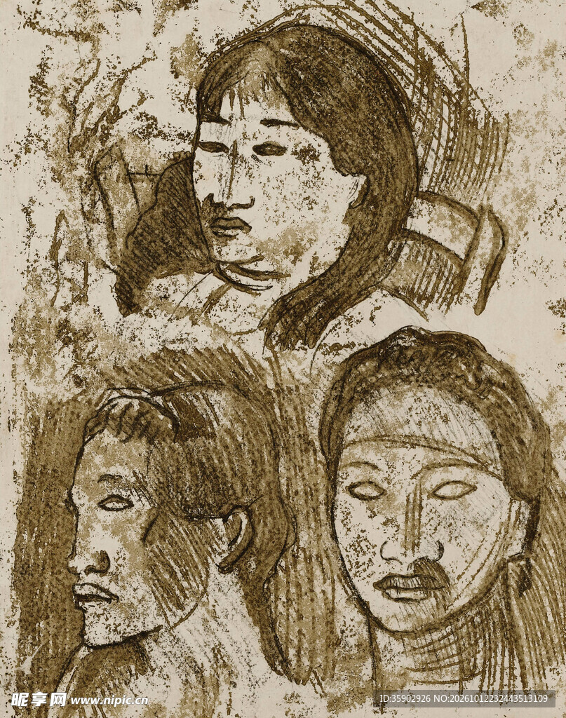 三幅人物头像素描手稿