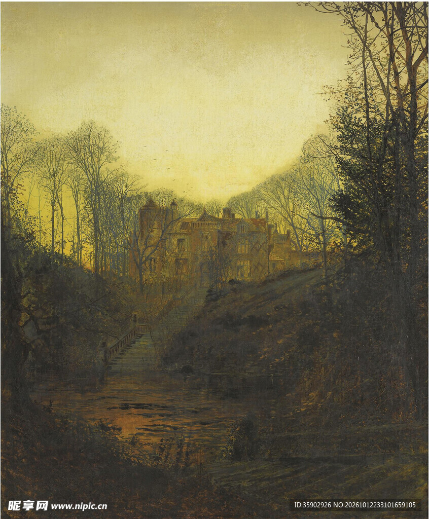 暮色山野古建风景油画