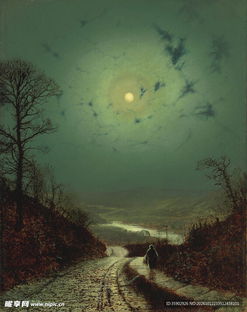 月夜郊野小径风景油画