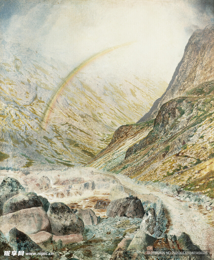 山间彩虹风景水彩画
