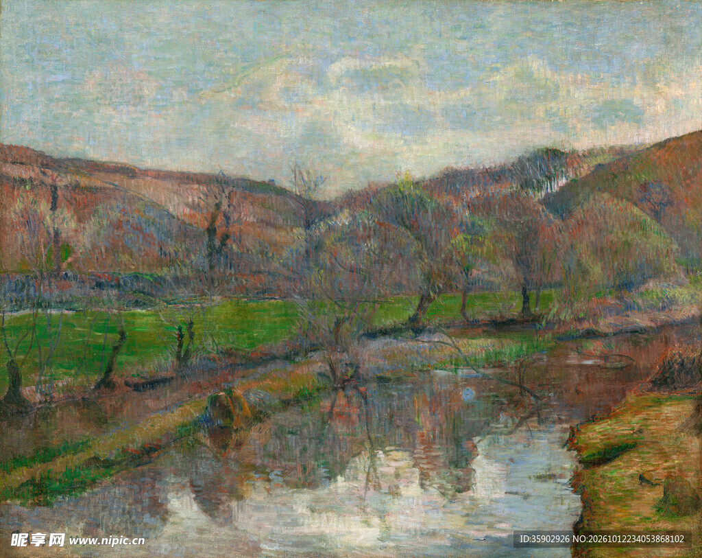 郊野河畔风景油画
