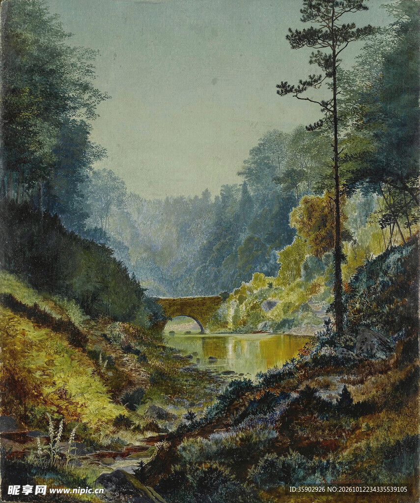 山林溪谷风景油画