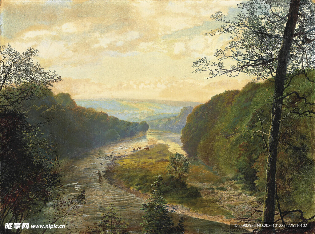山间河谷晨光风景油画