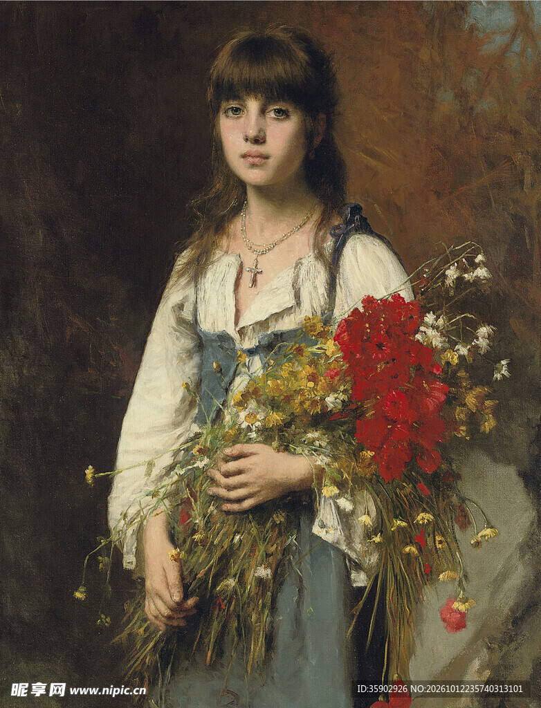 捧花少女古典油画肖像
