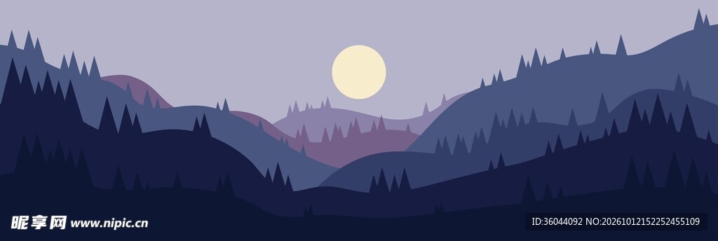 月夜山林插画