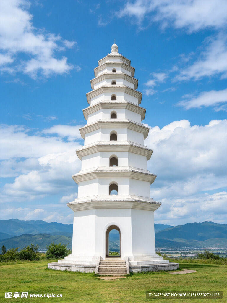 蓝天下的白色古塔