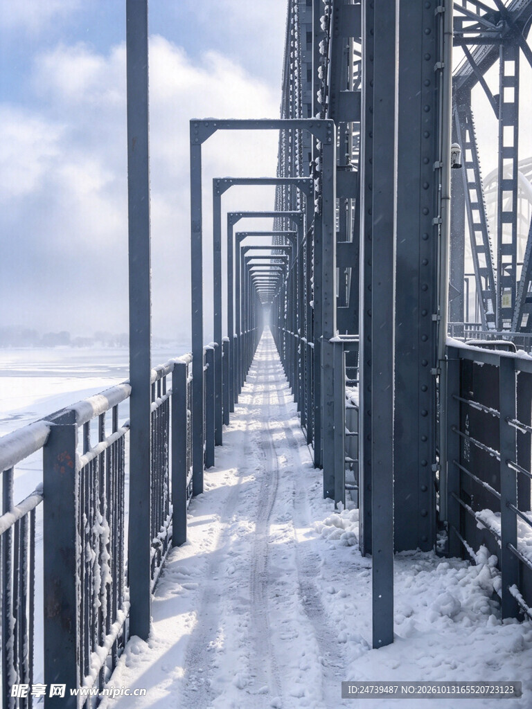 冬日积雪铁桥步道