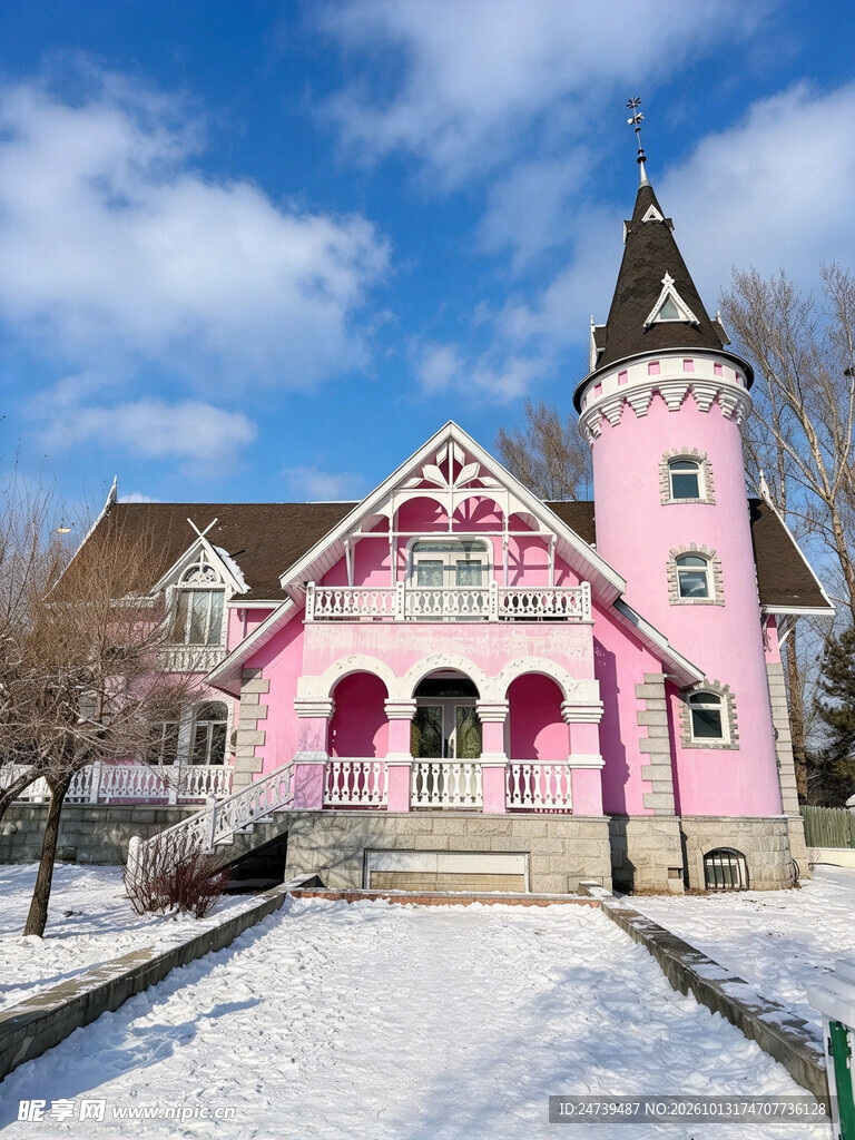 雪后粉色童话小屋