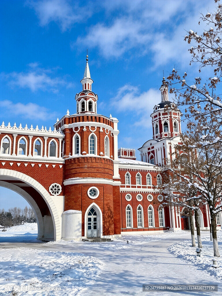 冬日俄式红砖建筑雪景