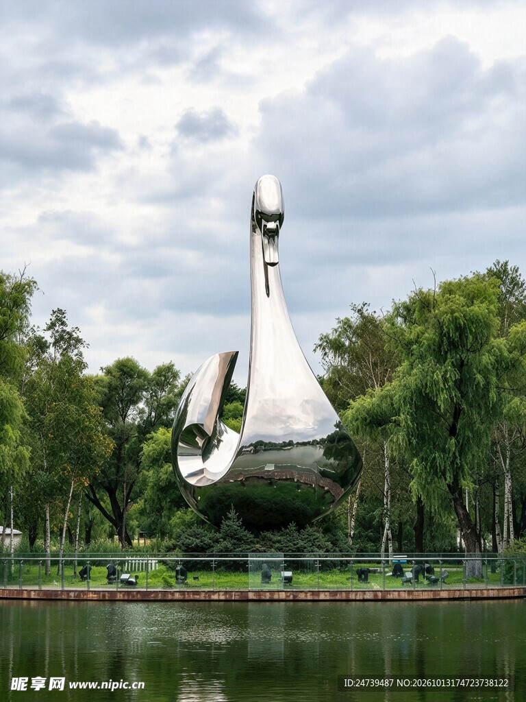 湖边现代艺术雕塑