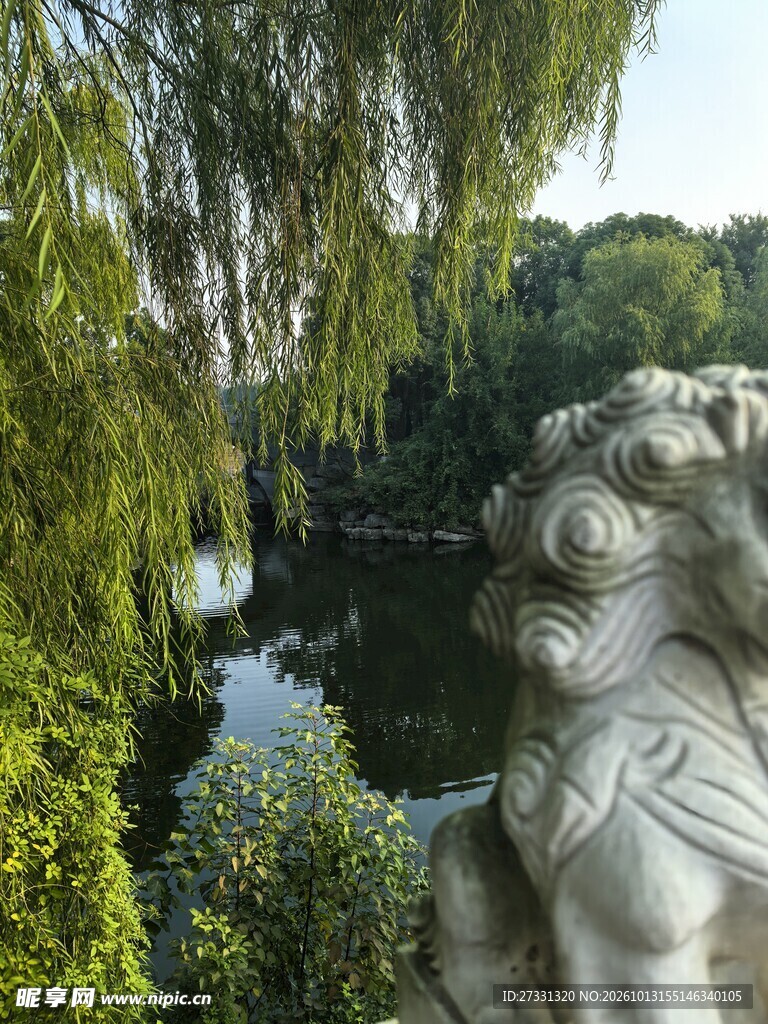 湖畔石狮垂柳风光