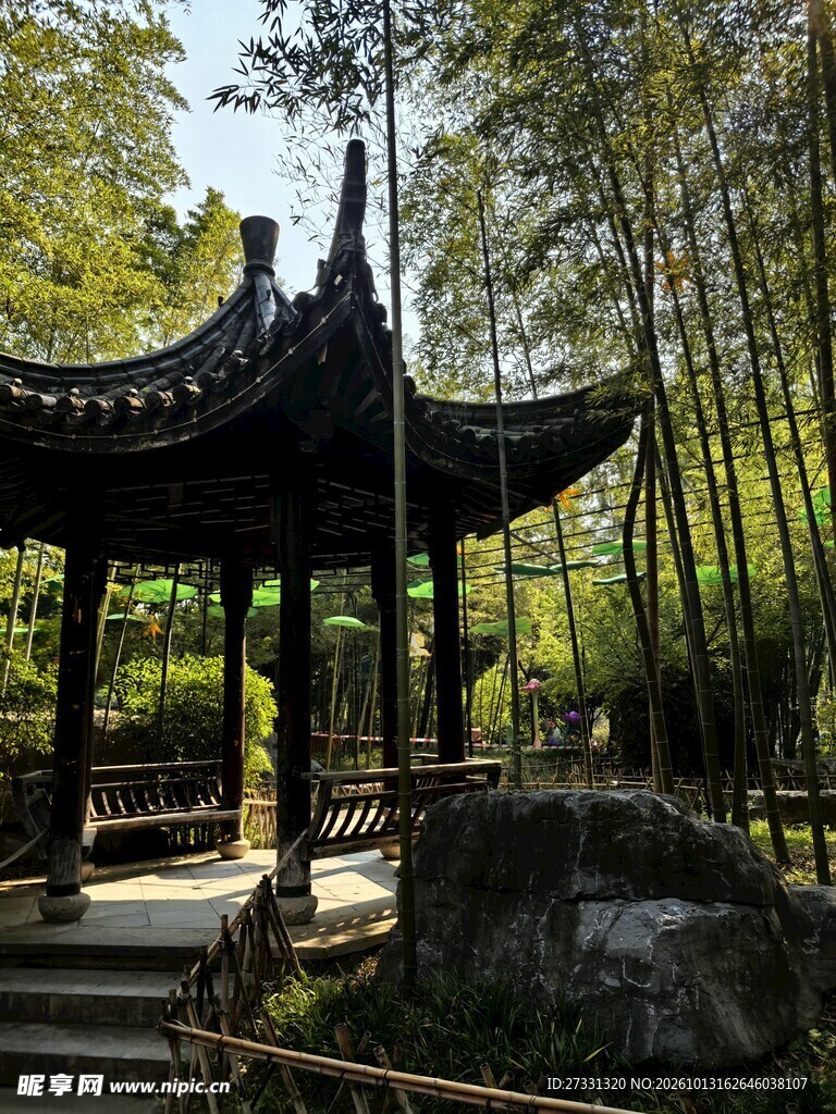 竹林边中式古亭