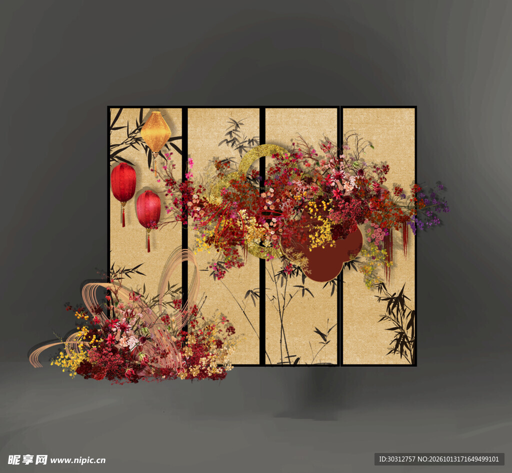 古风花艺屏风造景