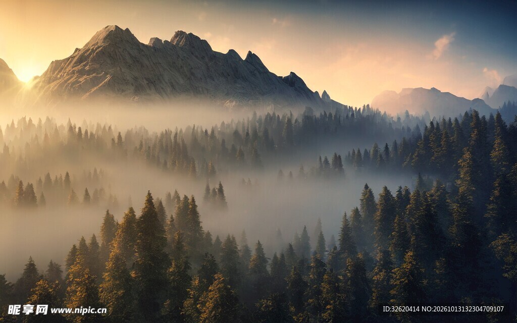 晨雾山林日出盛景