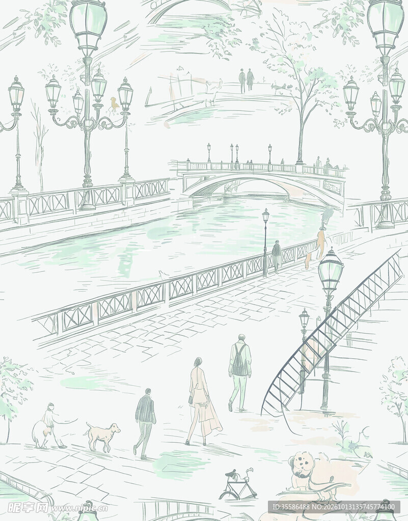 淡彩河畔休闲街景插画