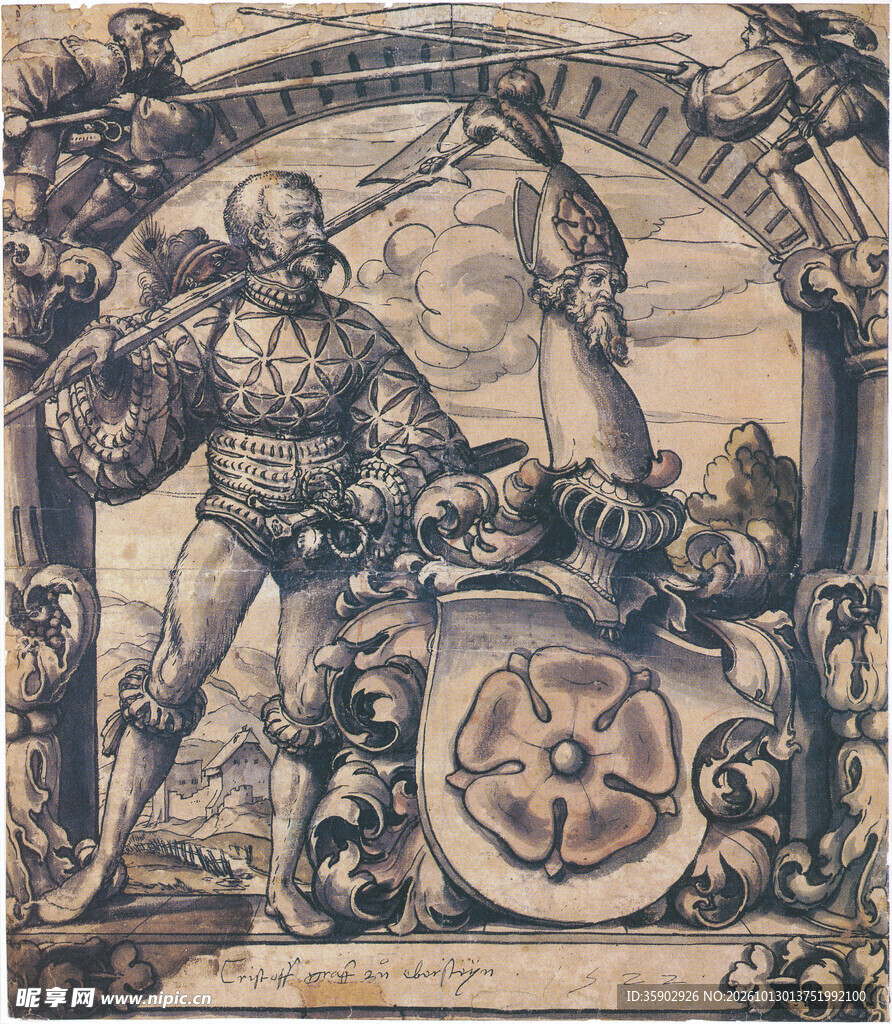 古典木刻持械武士版画