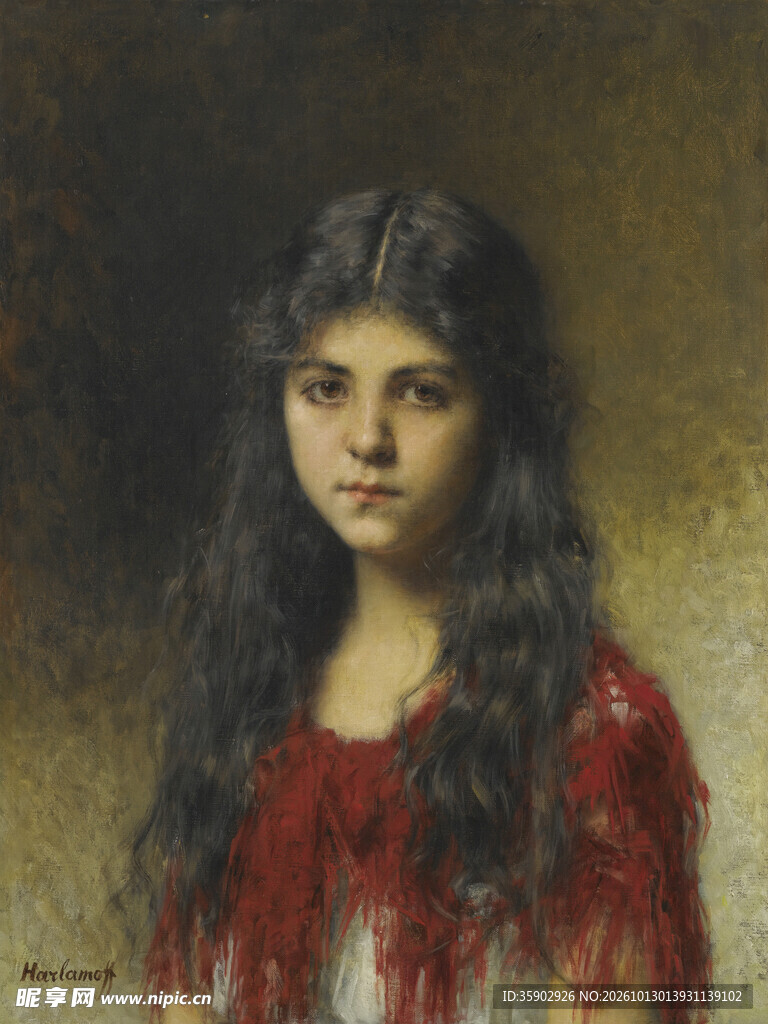 红衣少女肖像油画