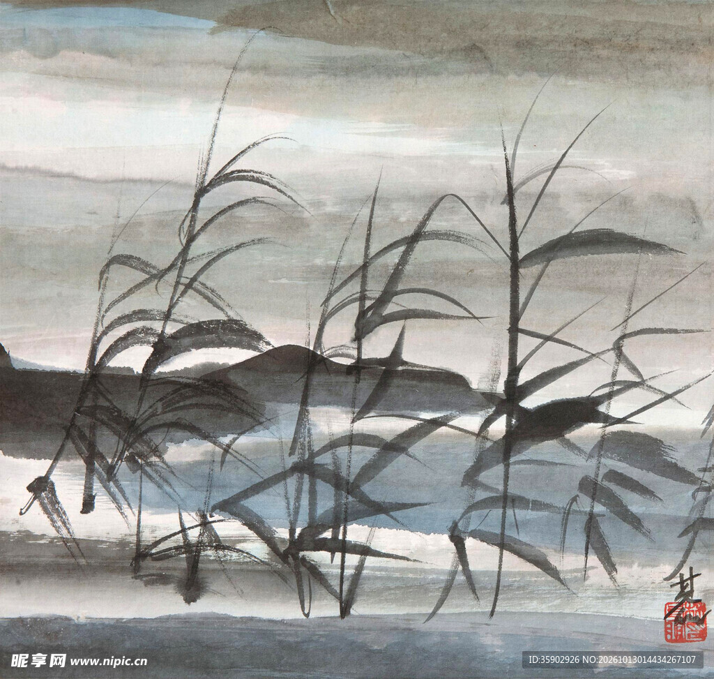 水墨湖畔芦苇风景