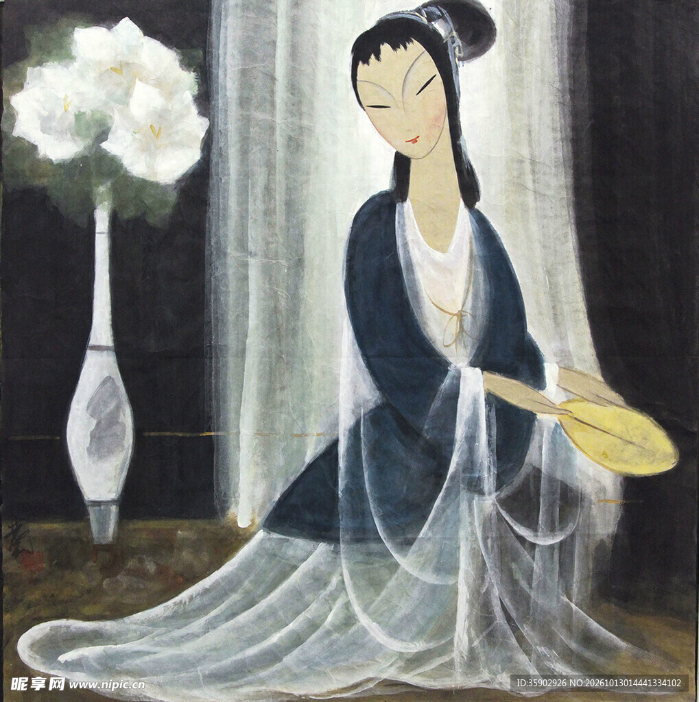 中式古典执扇仕女图