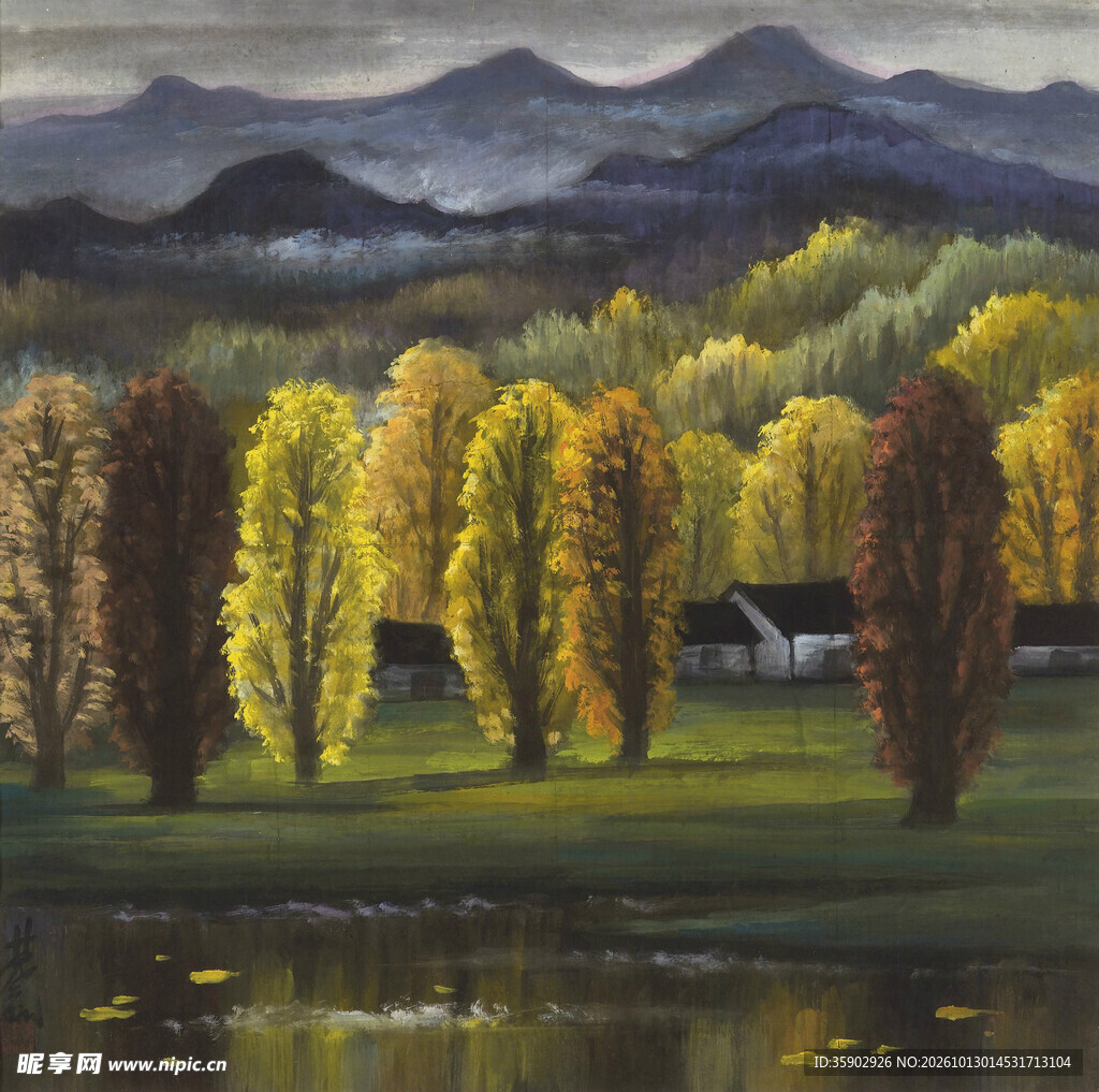 秋日湖畔山野风景油画