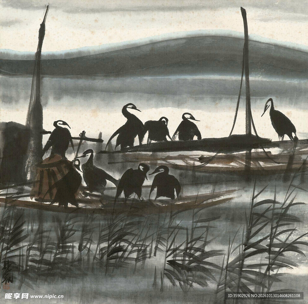 水乡鸬鹚写意水墨画