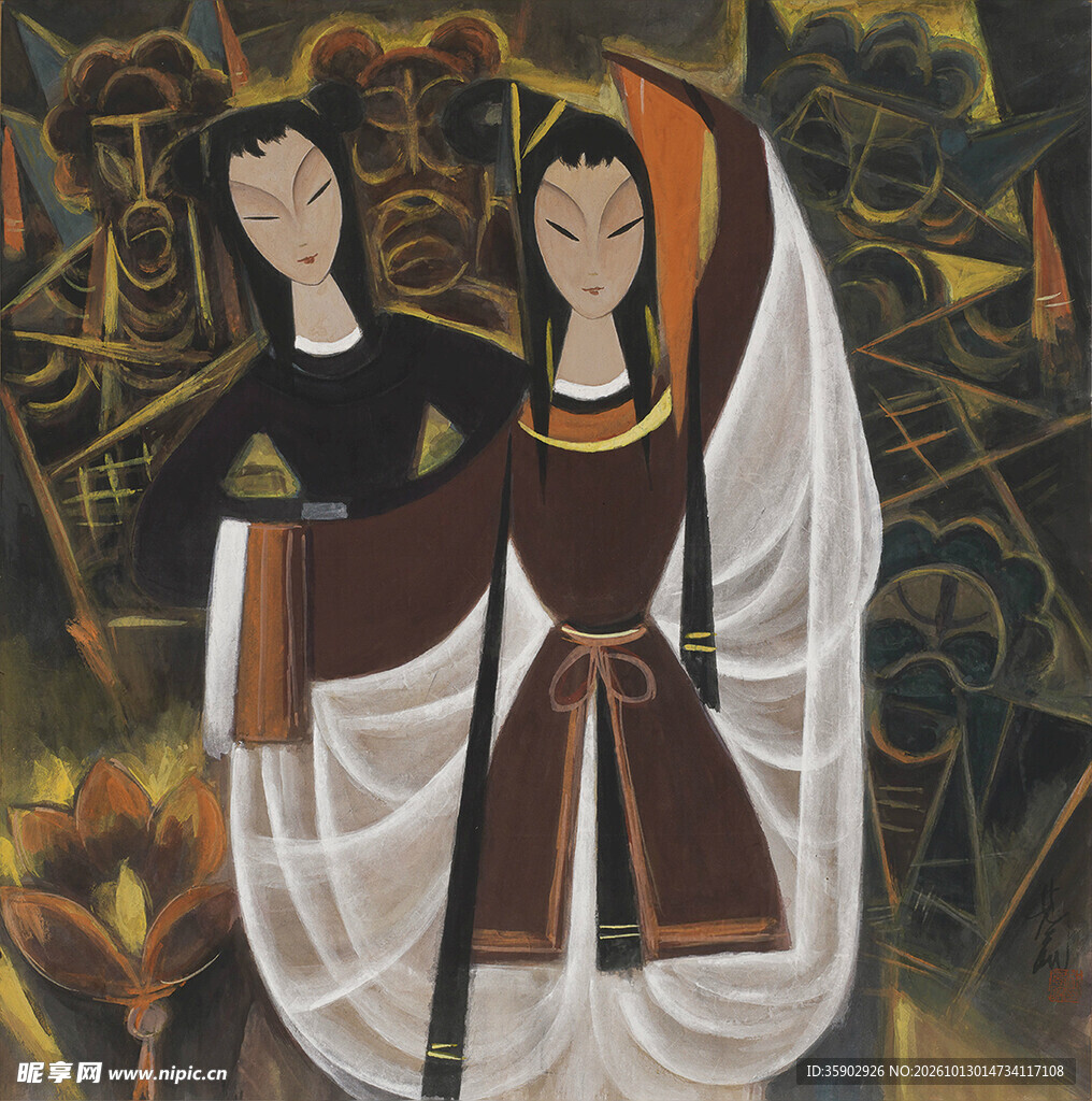 古典双仕女国风画作