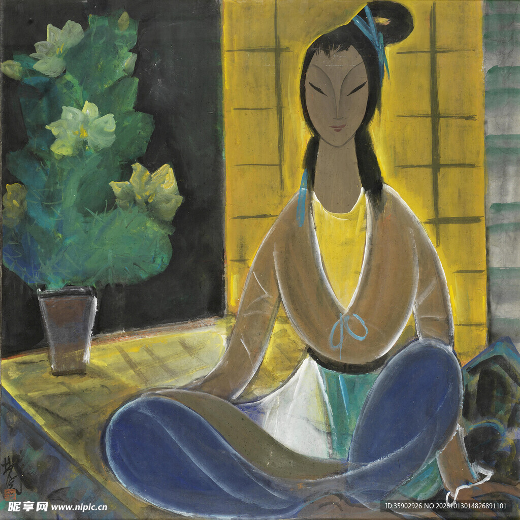 古风仕女静坐写意画