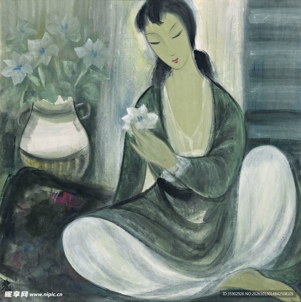 持花仕女中式彩墨画
