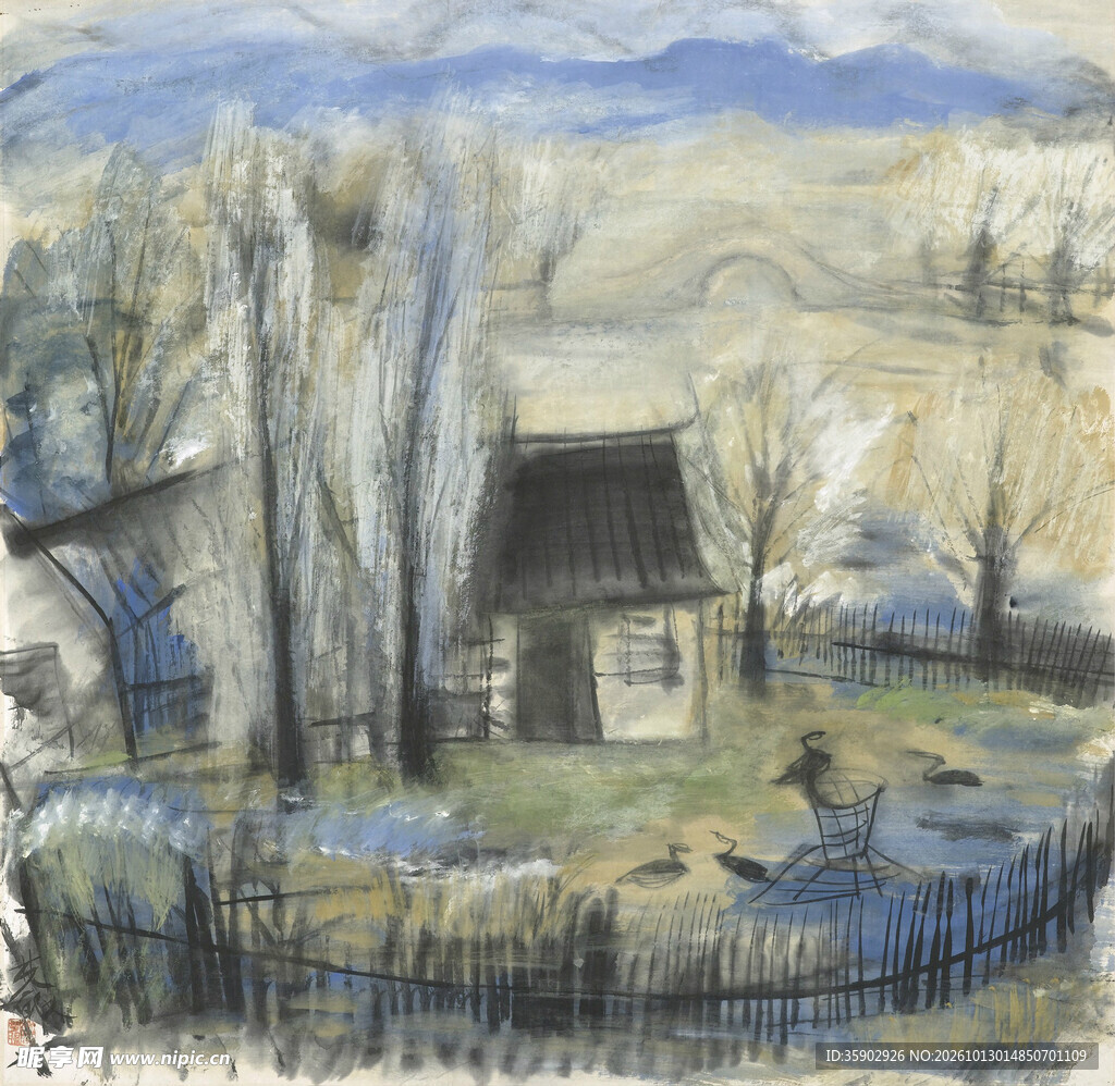 河畔村居写意风景油画