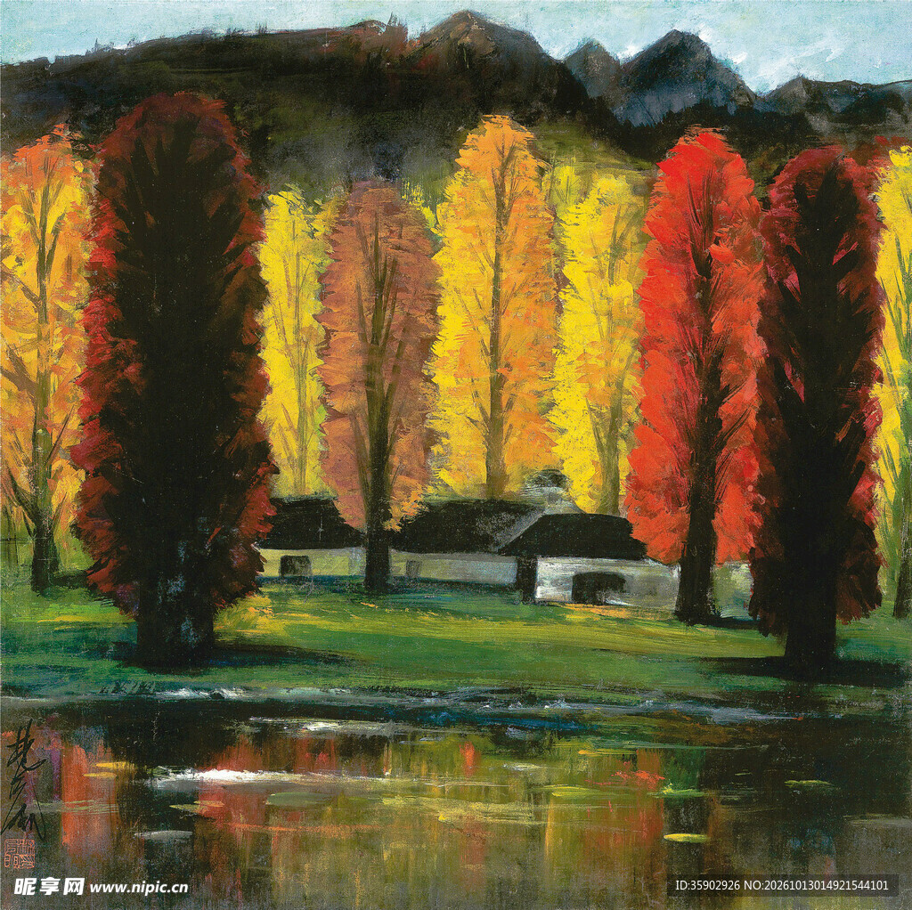 秋日湖畔彩林风景油画