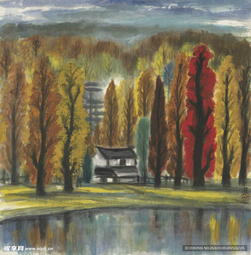 秋林湖畔小屋风景油画